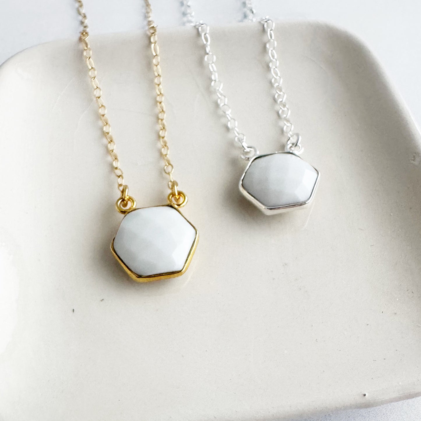 Small White Agate Hexagon Bezel Necklace