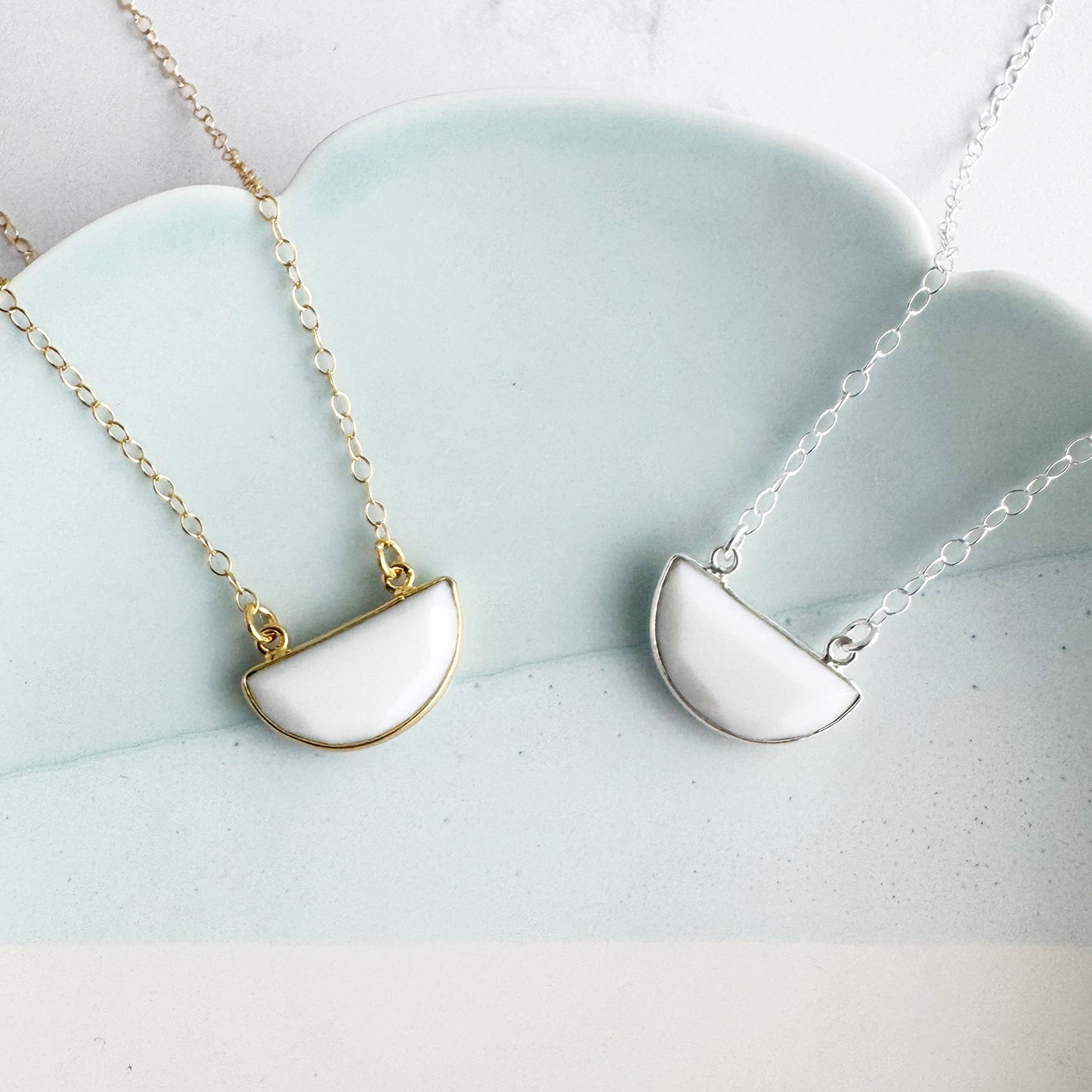 White Agate Half Moon Crescent Necklace