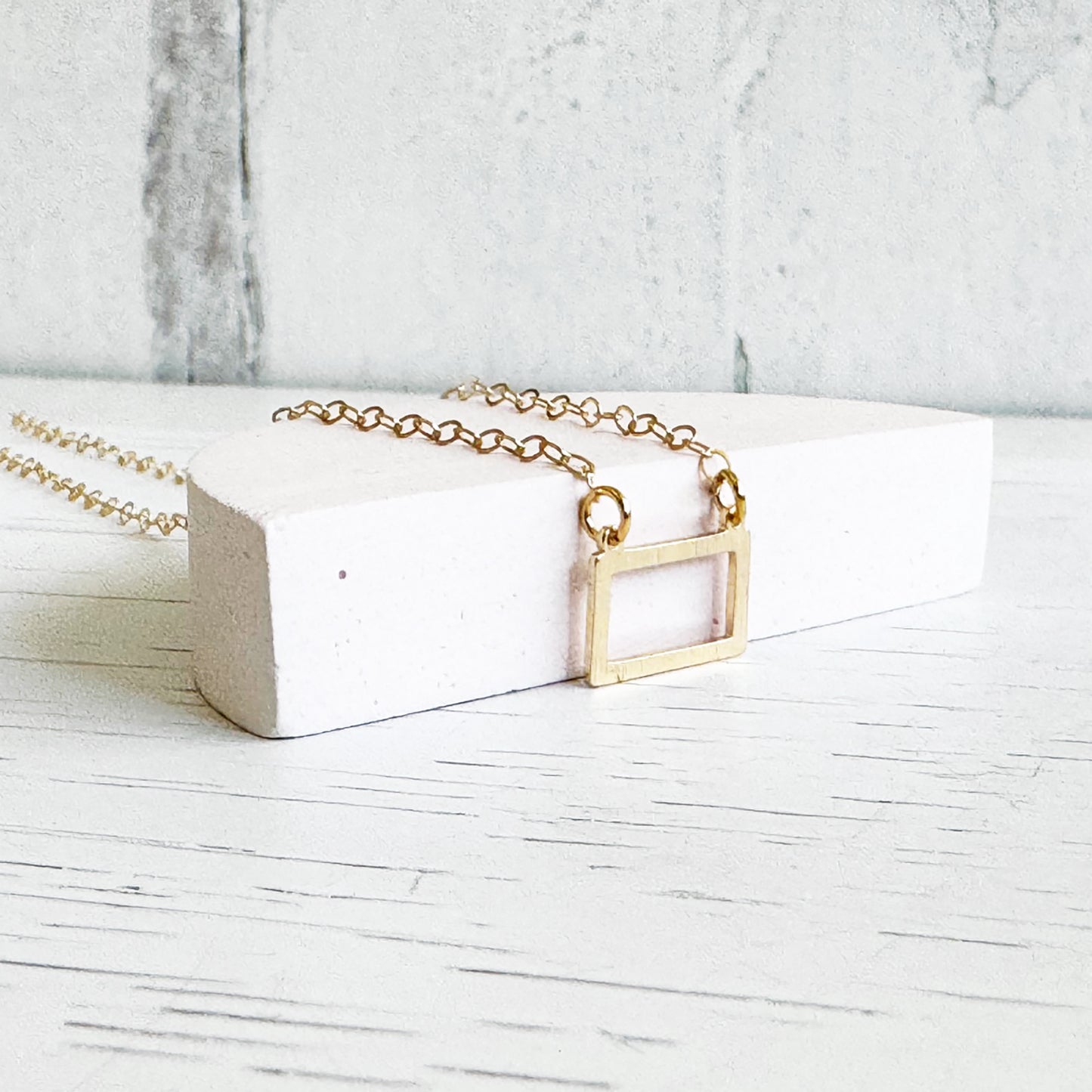 Open Rectangle Charm Necklace in 14k Gold Filled Chain