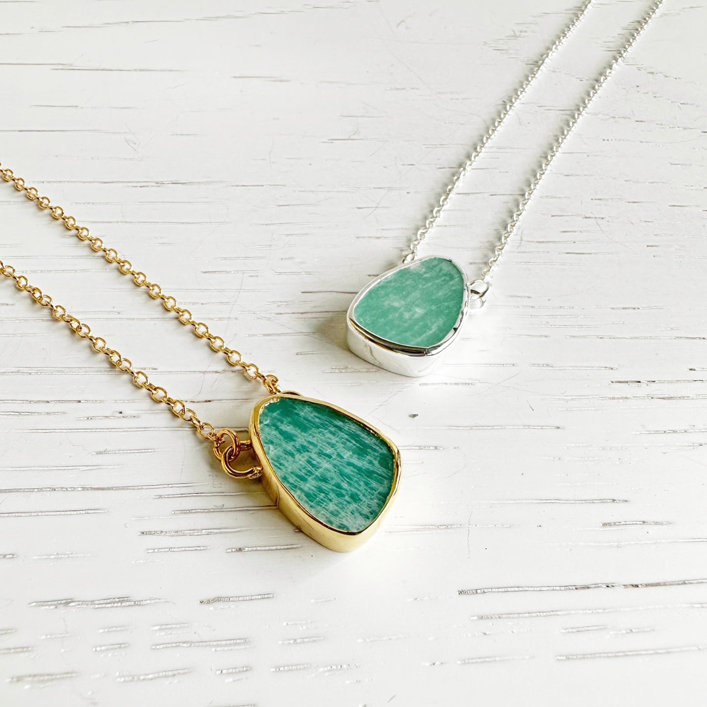 Amazonite Asymmetrical Teardrop Necklace in Gold and Silver