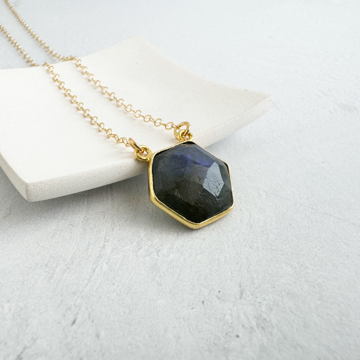 Dainty Hexagon Bezel Necklace - Labradorite