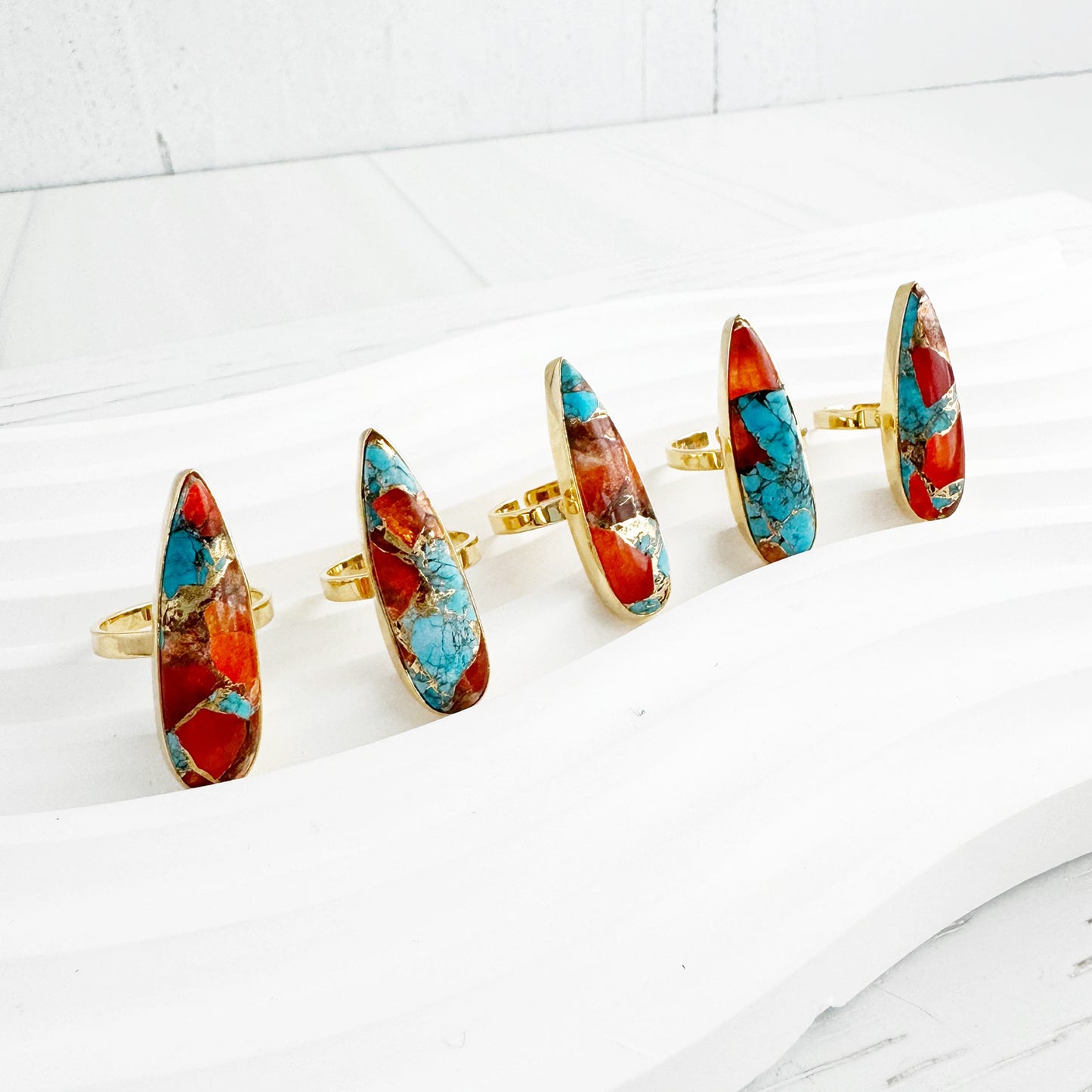 Long Turquoise Teardrop Statement Ring in Gold and Silver