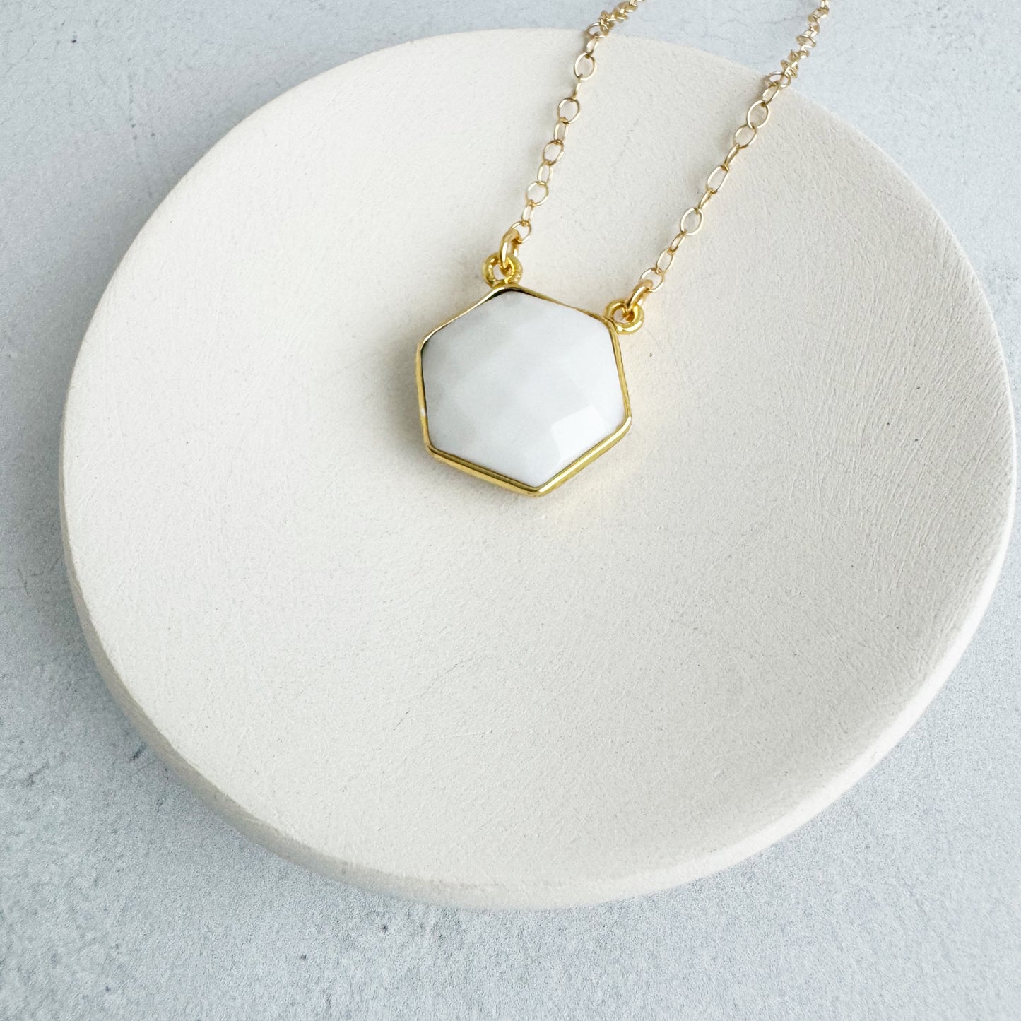 Dainty Hexagon Bezel Necklace - White Agate