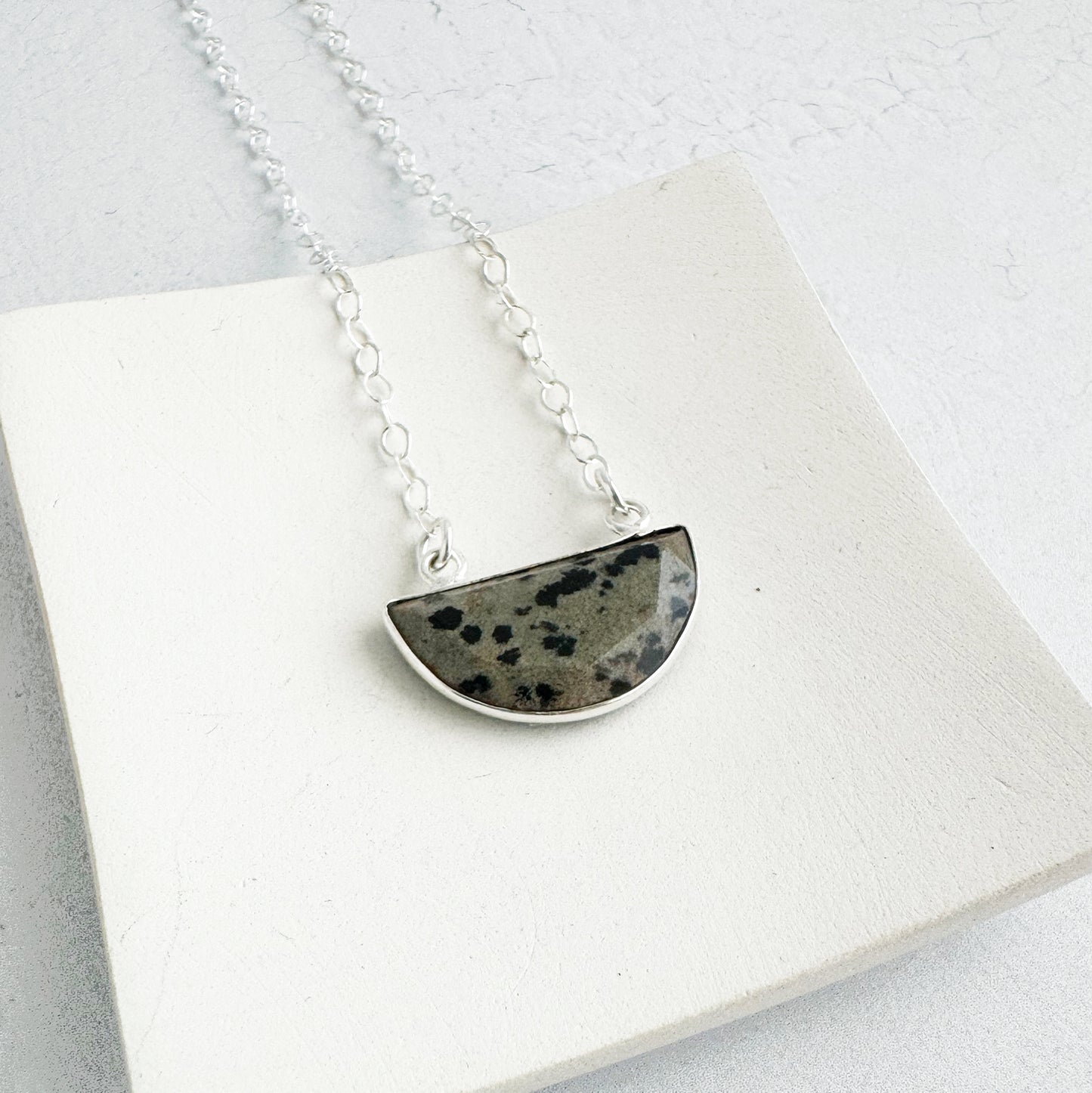 Small Half Moon Crescent Necklace - Dalmatian Jasper