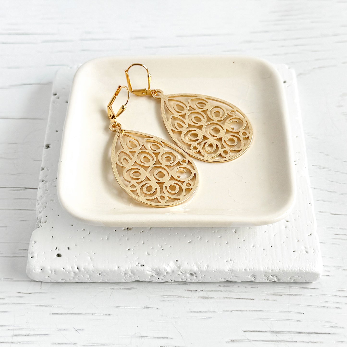 Ornate Teardrop Dangle Earrings in Brushed Brass Gold