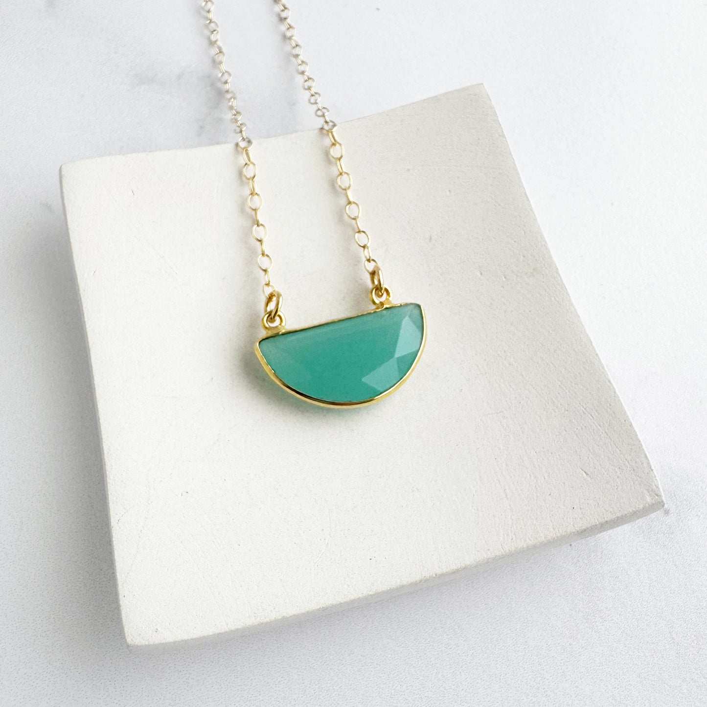 Small Half Moon Crescent Necklace - Aqua Chalcedony