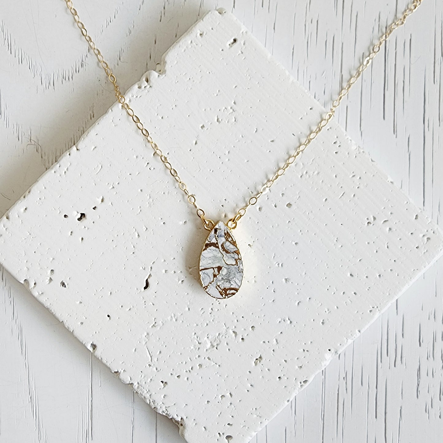 White Mojave Teardrop Necklace in Gold and Silver (Large)
