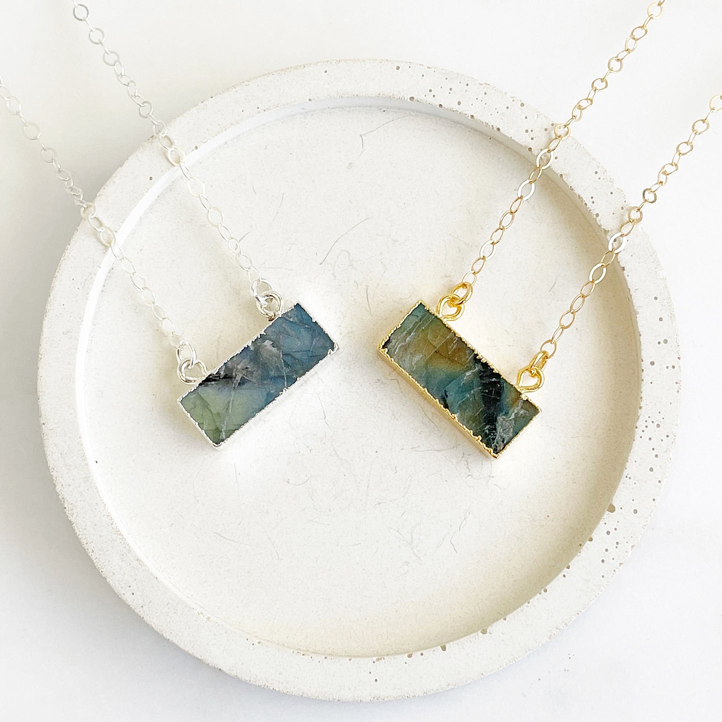 Dainty Labradorite Bar Necklace in Gold and Silver