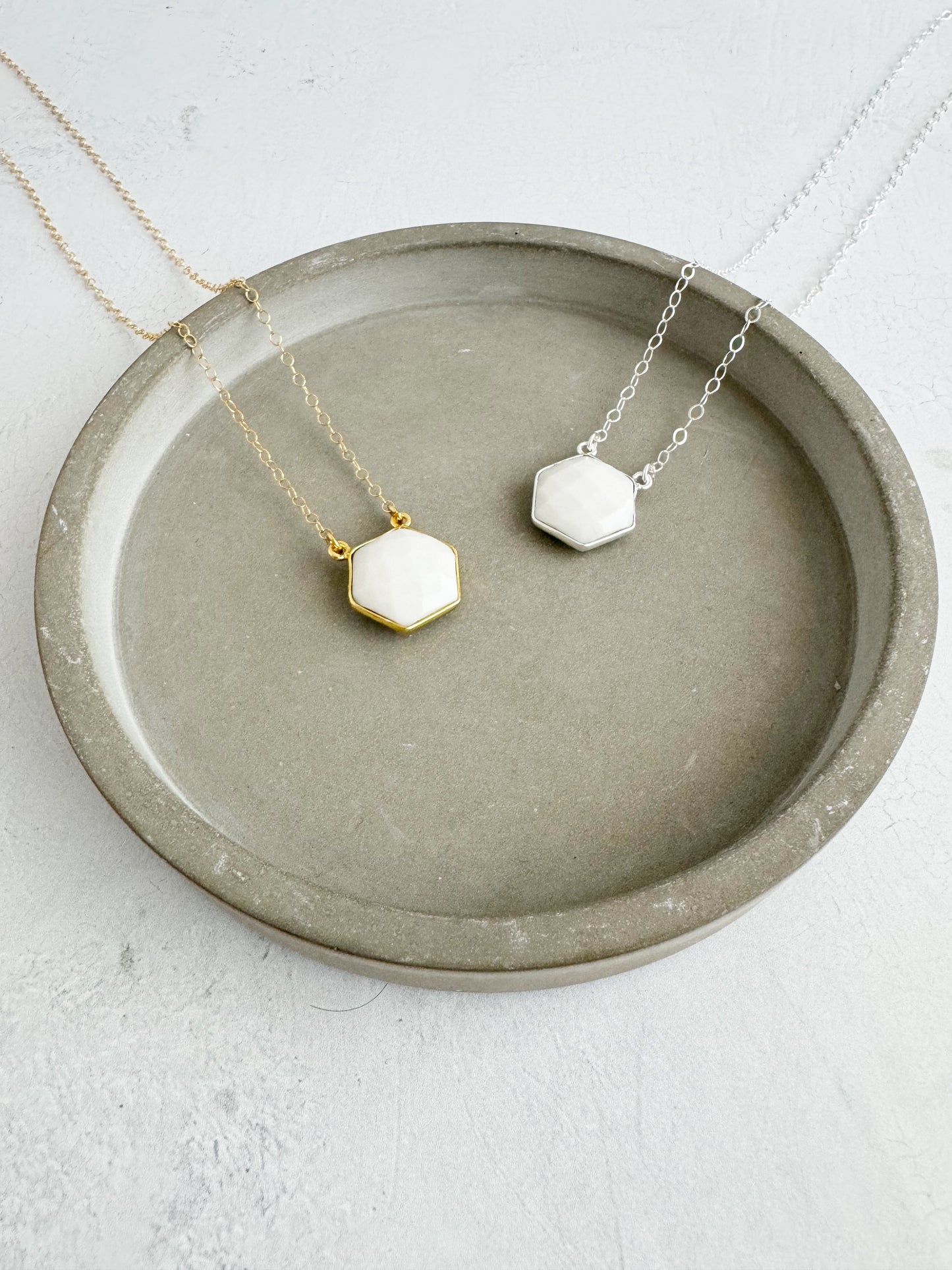 Dainty Hexagon Bezel Necklace - White Agate