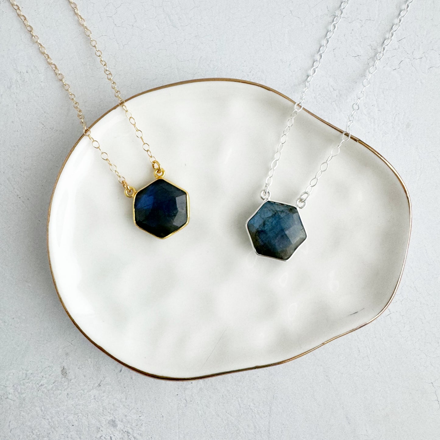 Dainty Hexagon Bezel Necklace - Labradorite