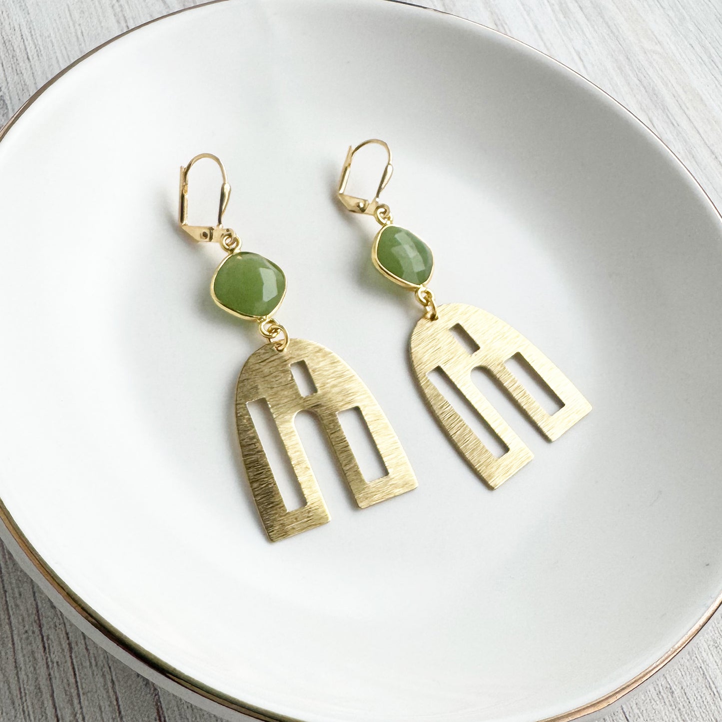 Raw Brass Arch and Green Chalcedony Dangle Earrings