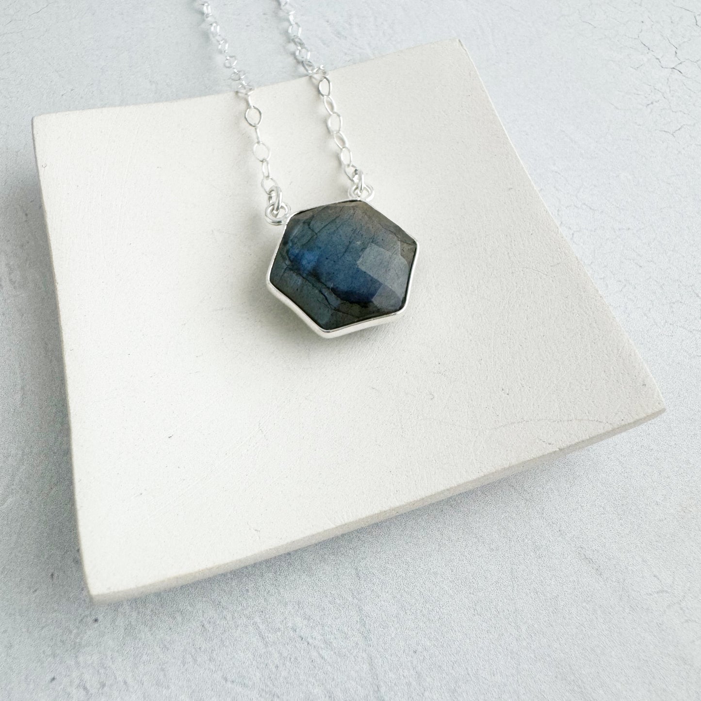 Dainty Hexagon Bezel Necklace - Labradorite