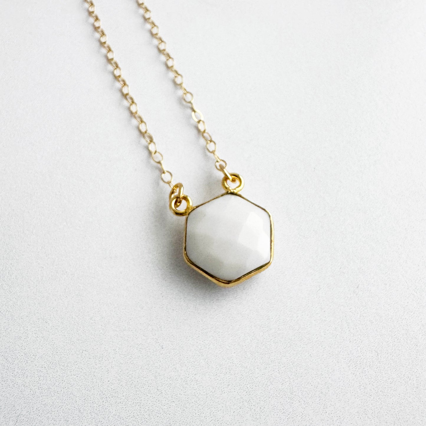 Small White Agate Hexagon Bezel Necklace