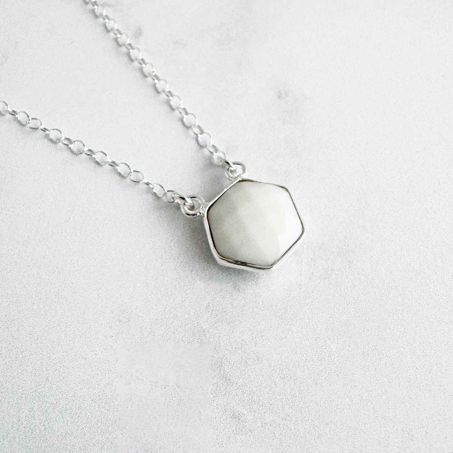 Small White Agate Hexagon Bezel Necklace