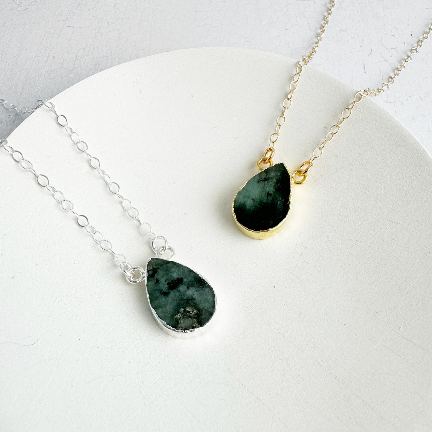 Simple Teardrop Necklace - Raw Emerald
