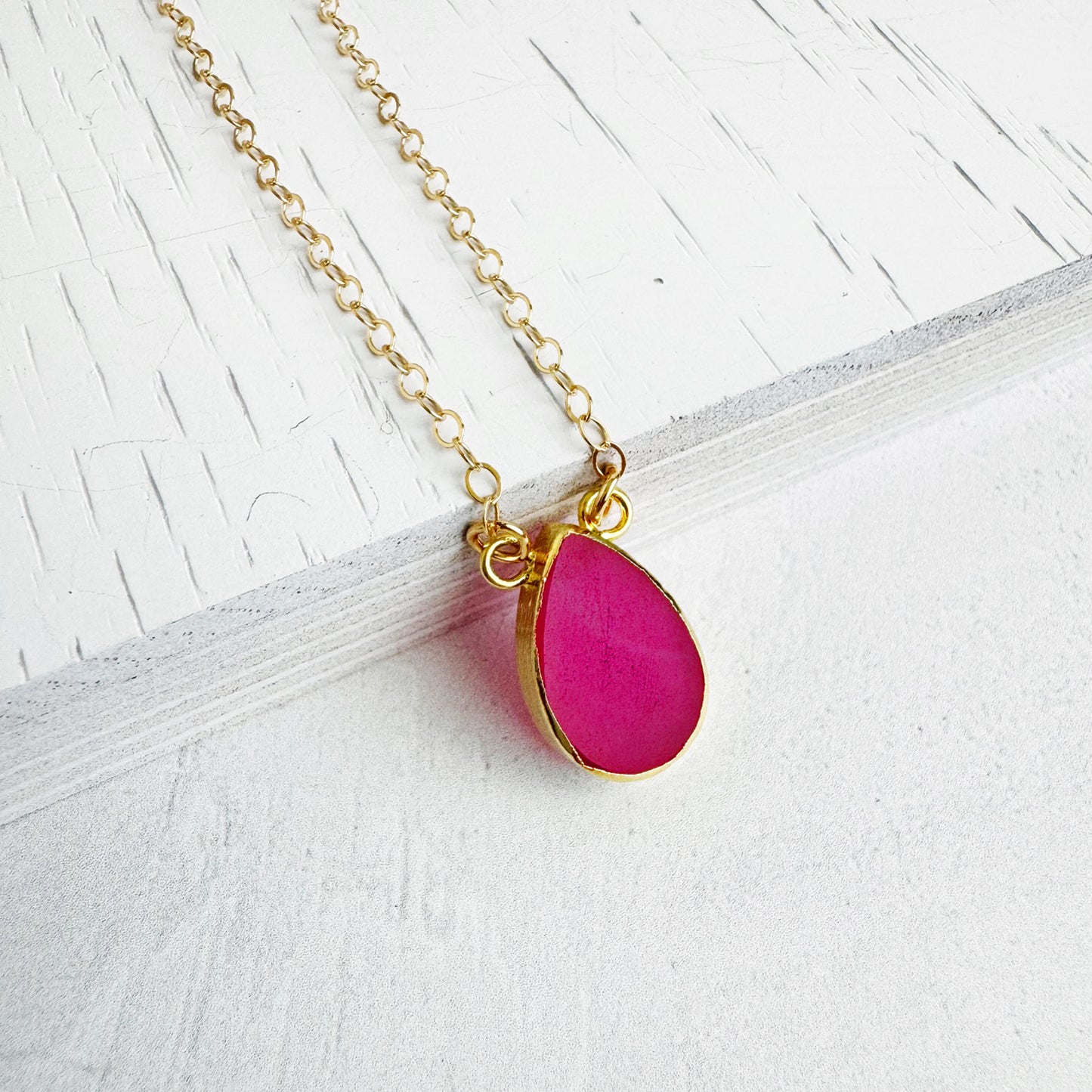 Fuchsia Chalcedony Teardrop Necklace in 14k Gold Filled and Sterling Silver