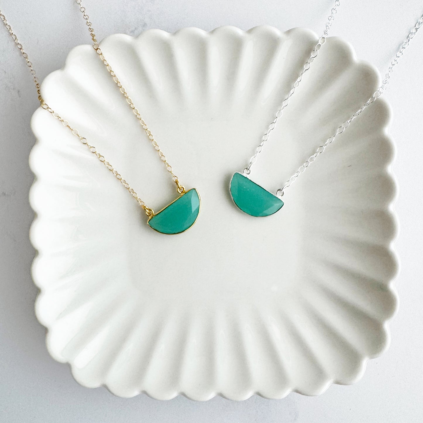 Small Half Moon Crescent Necklace - Aqua Chalcedony