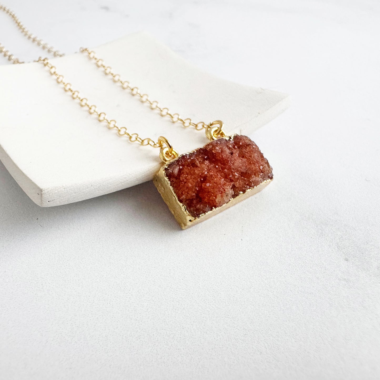 Burnt Orange Druzy Bar Necklace in Gold
