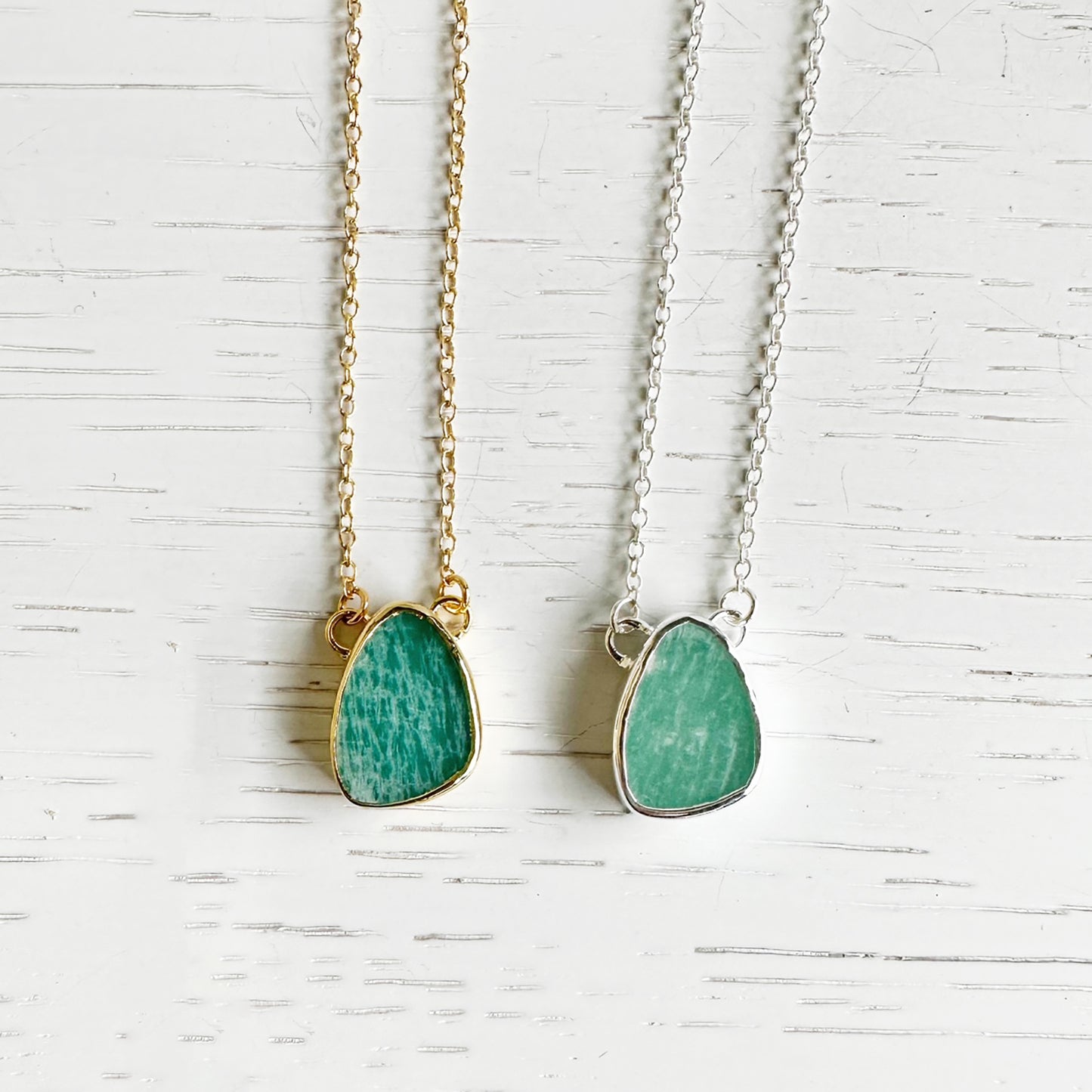Amazonite Asymmetrical Teardrop Necklace in Gold and Silver