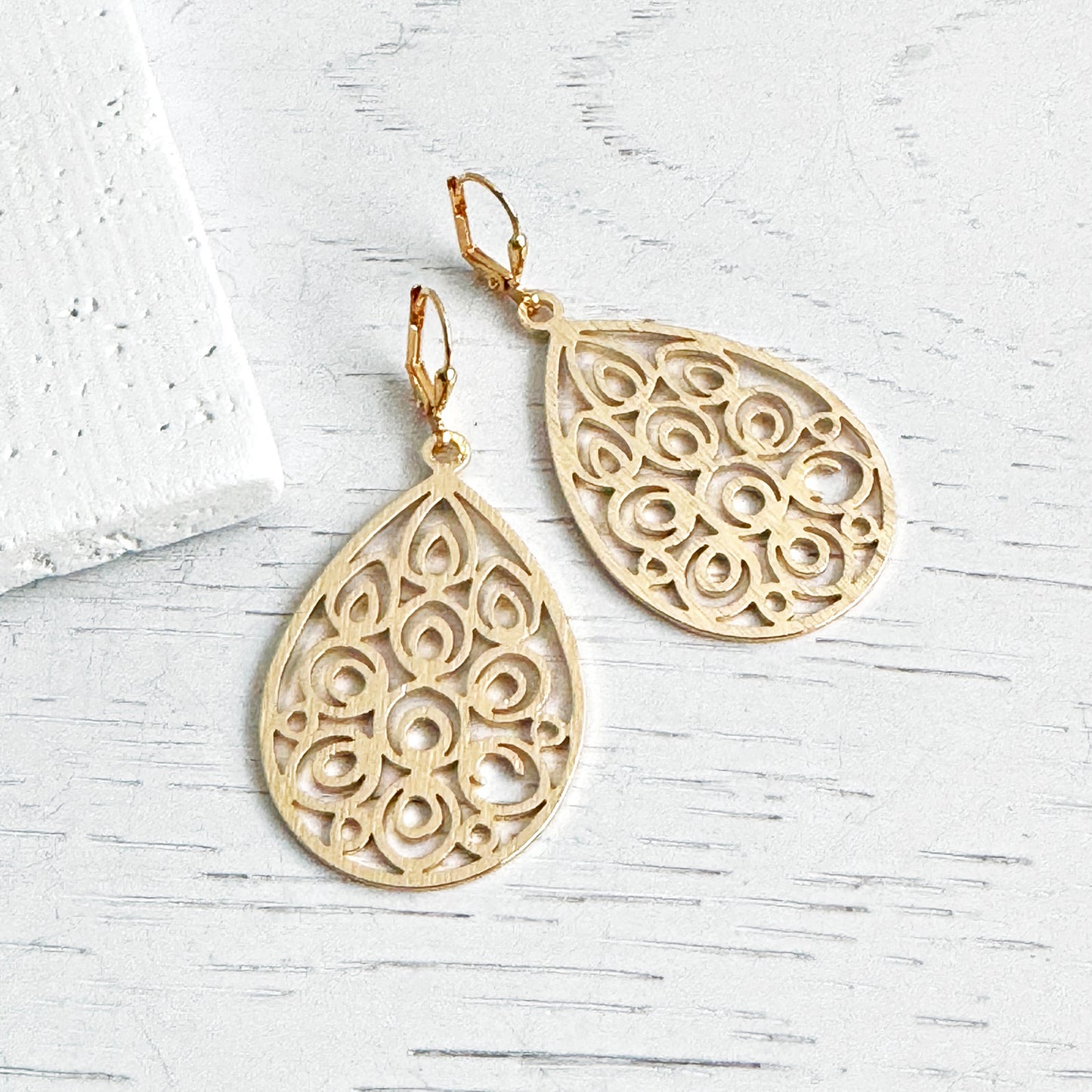 Ornate Teardrop Dangle Earrings in Brushed Brass Gold