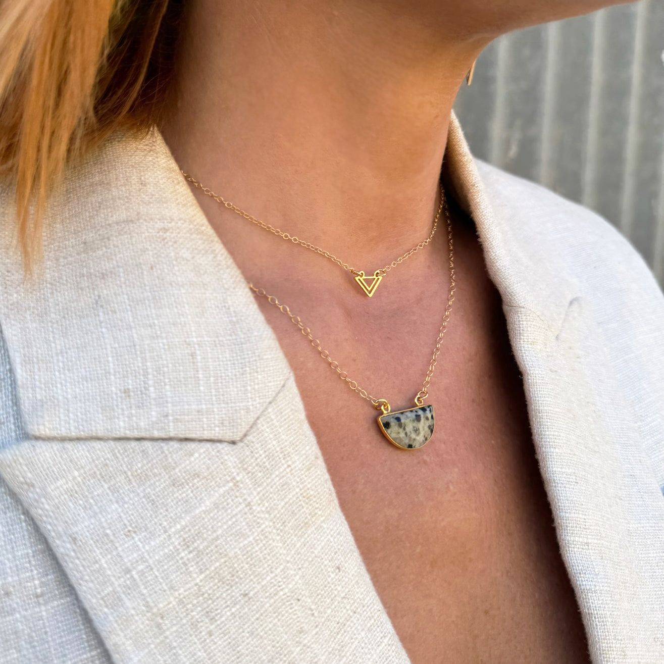 Small Half Moon Crescent Necklace - Dalmatian Jasper