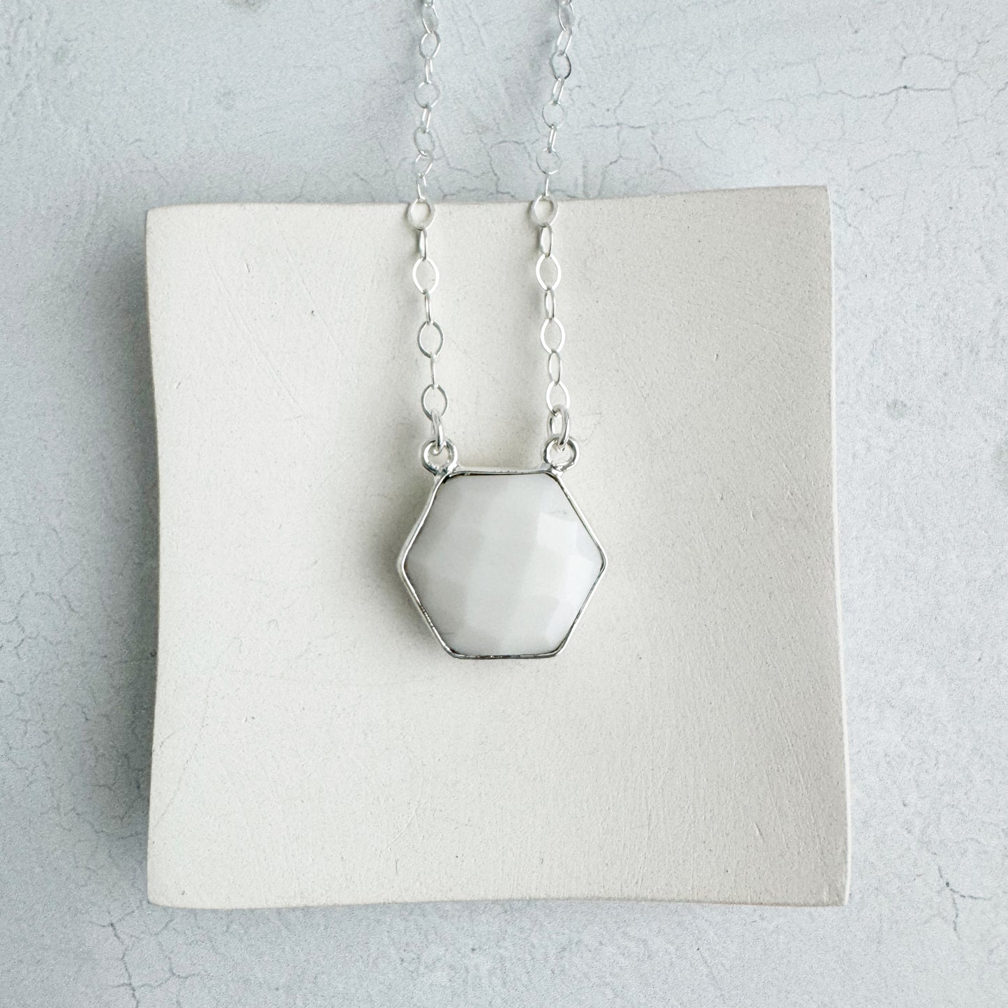Dainty Hexagon Bezel Necklace - White Agate
