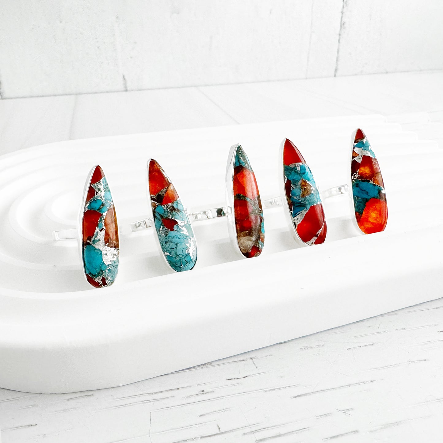 Long Turquoise Teardrop Statement Ring in Gold and Silver