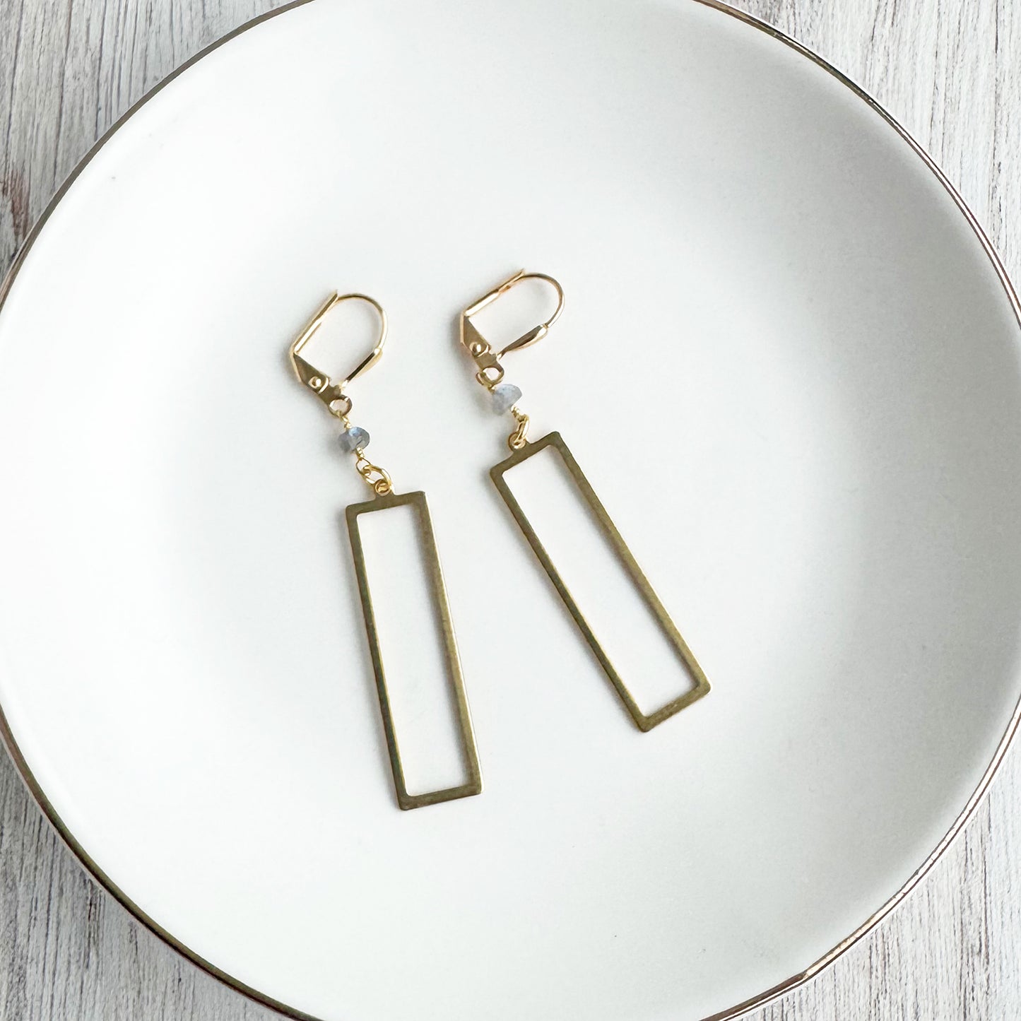 Raw Brass Rectangle and Labradorite Bead Dangle Earrings
