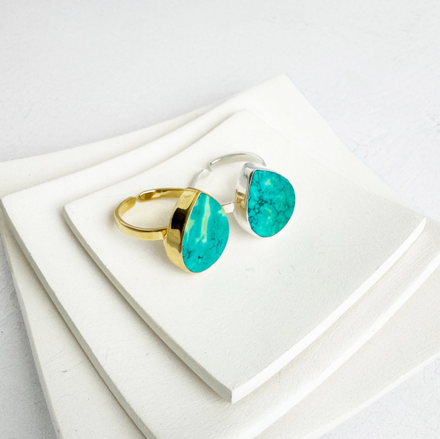 Natural Turquoise Teardrop Ring in Gold and Silver