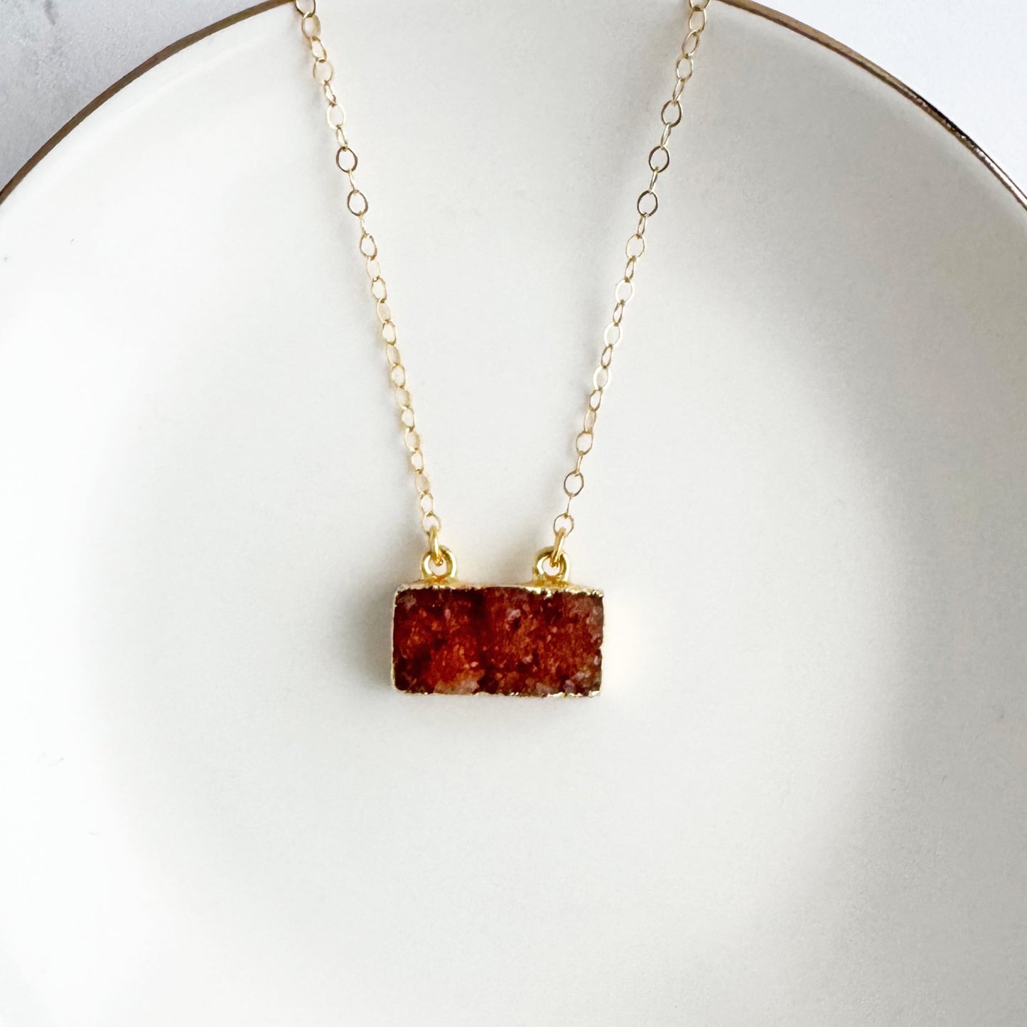 Burnt Orange Druzy Bar Necklace in Gold