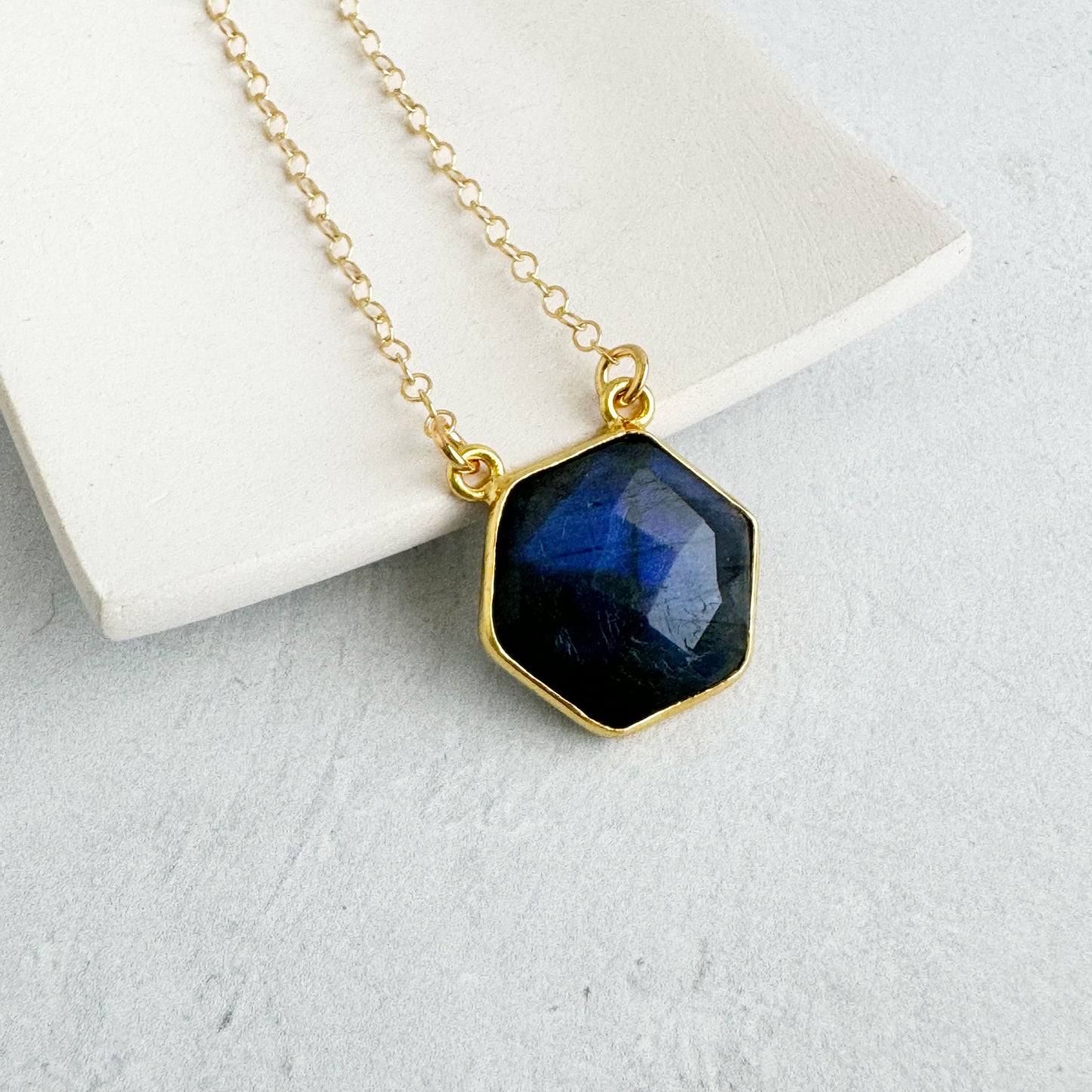 Dainty Hexagon Bezel Necklace - Labradorite