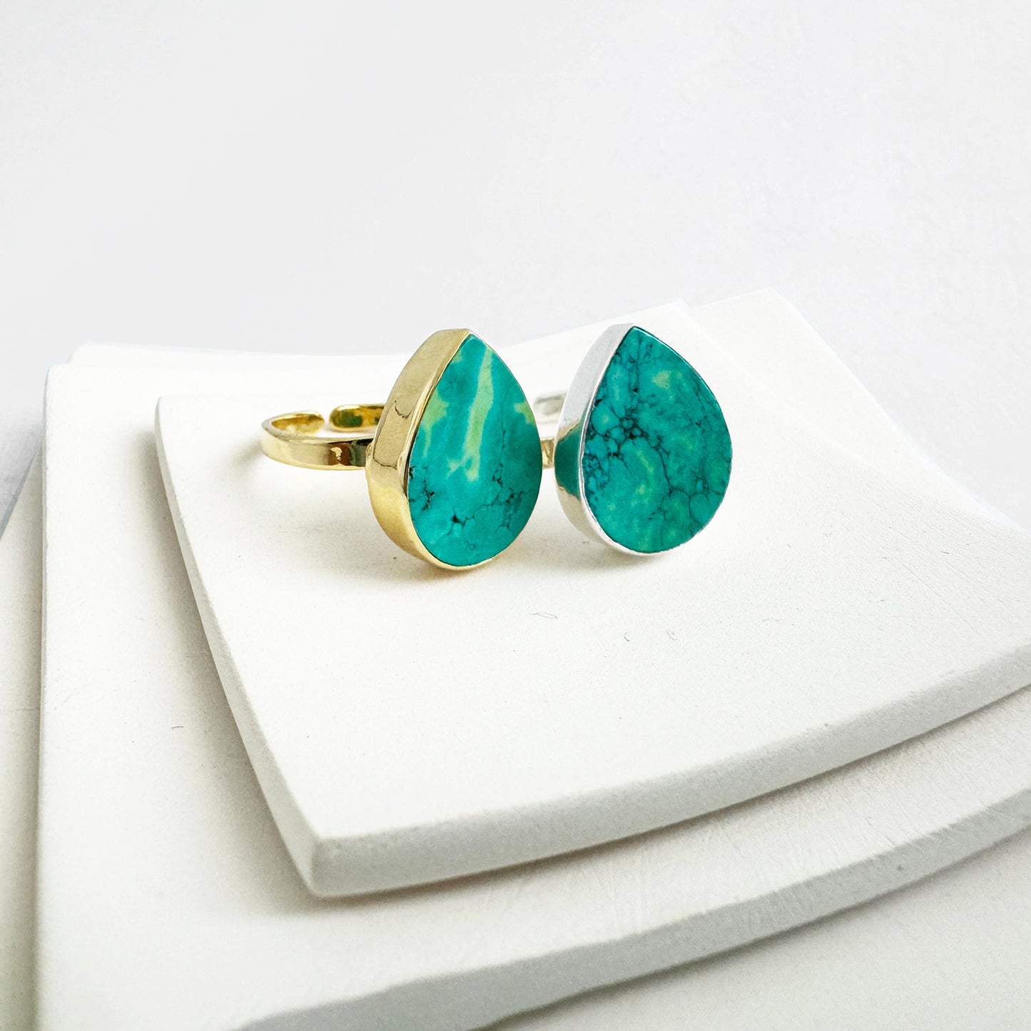Natural Turquoise Teardrop Ring in Gold and Silver