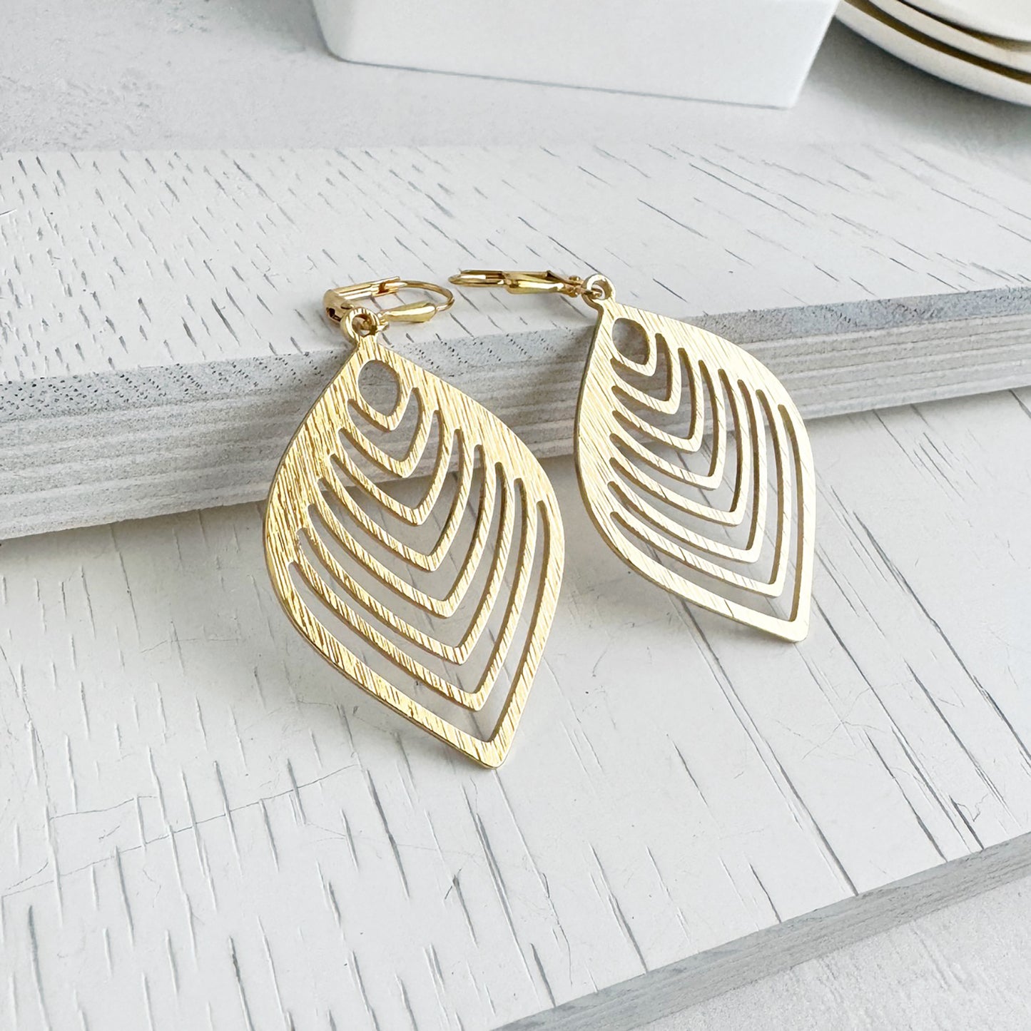 Chevron Pattern Marquise Earrings in Brushed Gold