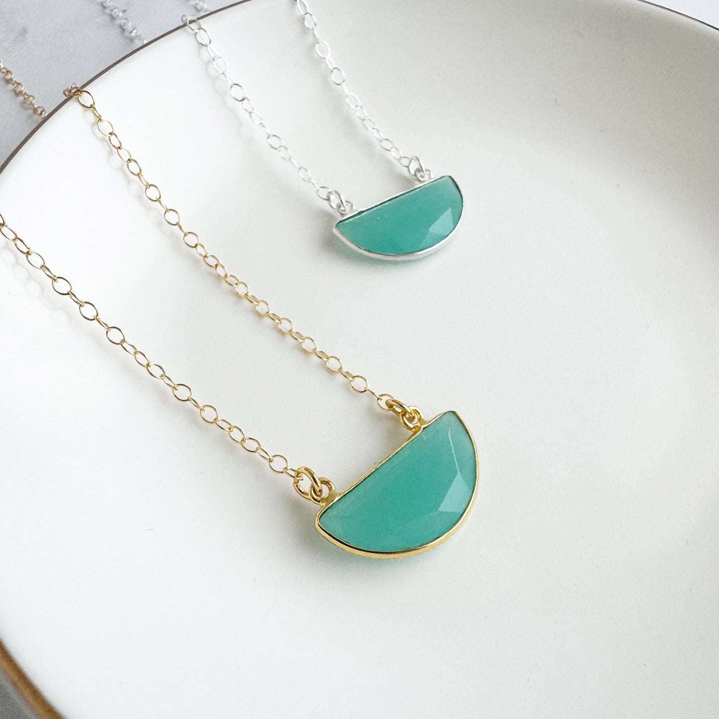 Small Half Moon Crescent Necklace - Aqua Chalcedony