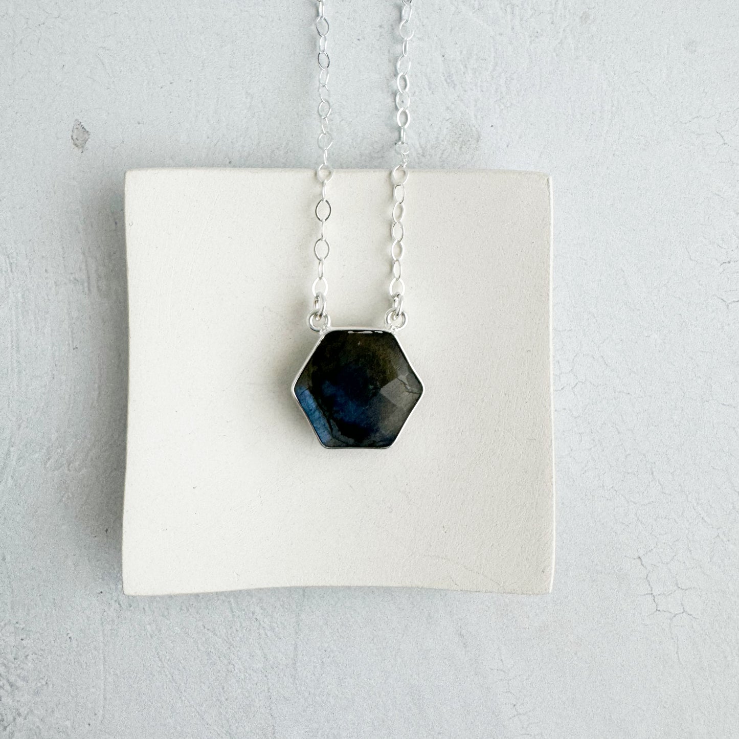 Dainty Hexagon Bezel Necklace - Labradorite