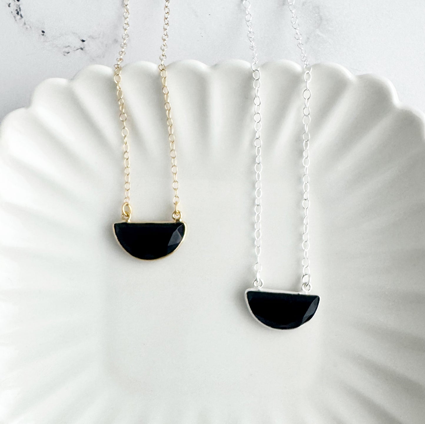 Black Onyx Half Moon Crescent Necklace
