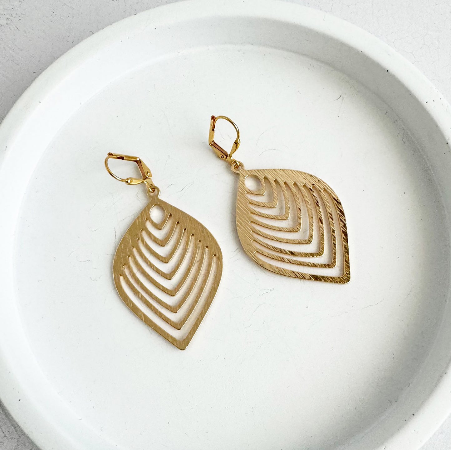 Chevron Pattern Marquise Earrings in Brushed Gold