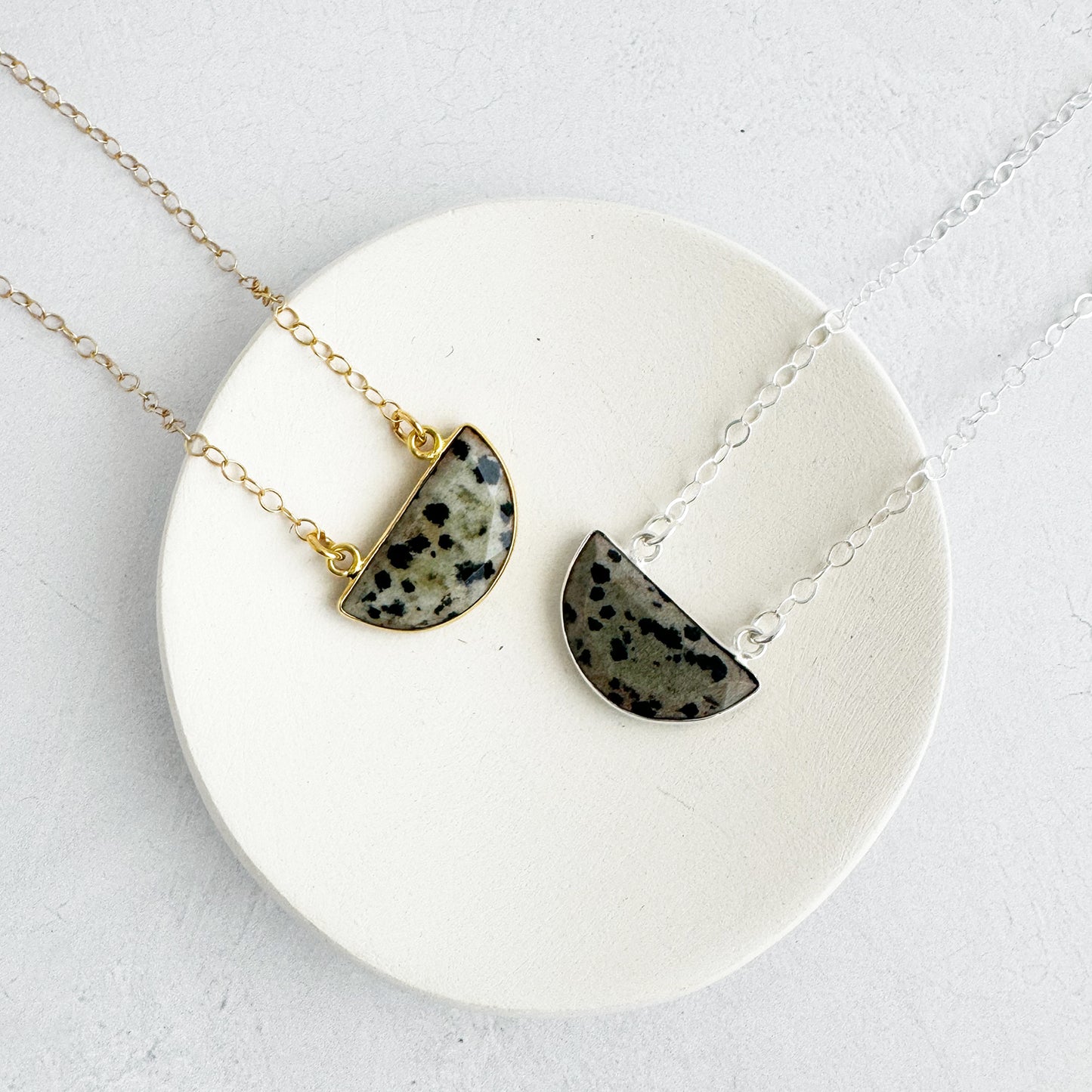 Small Half Moon Crescent Necklace - Dalmatian Jasper