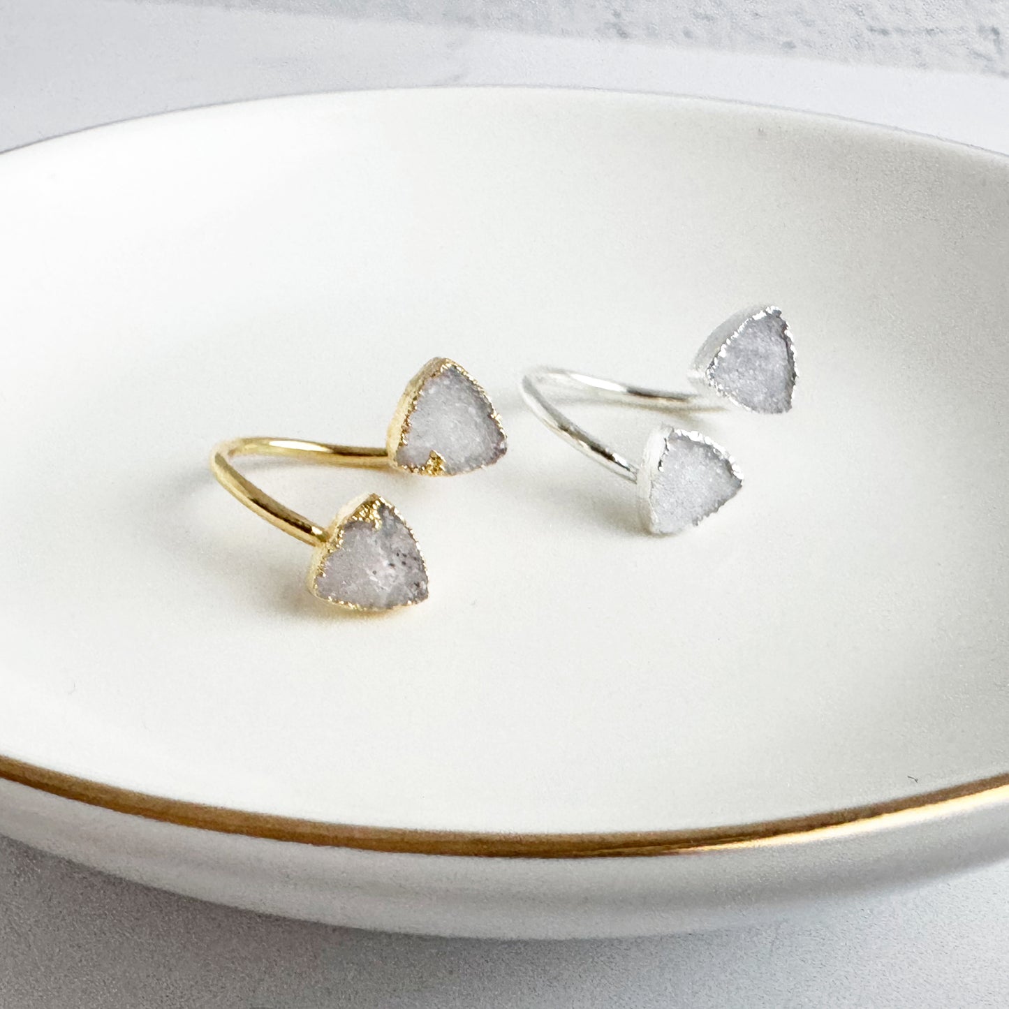 Double Triangle Stone Wrap Ring in White Druzy
