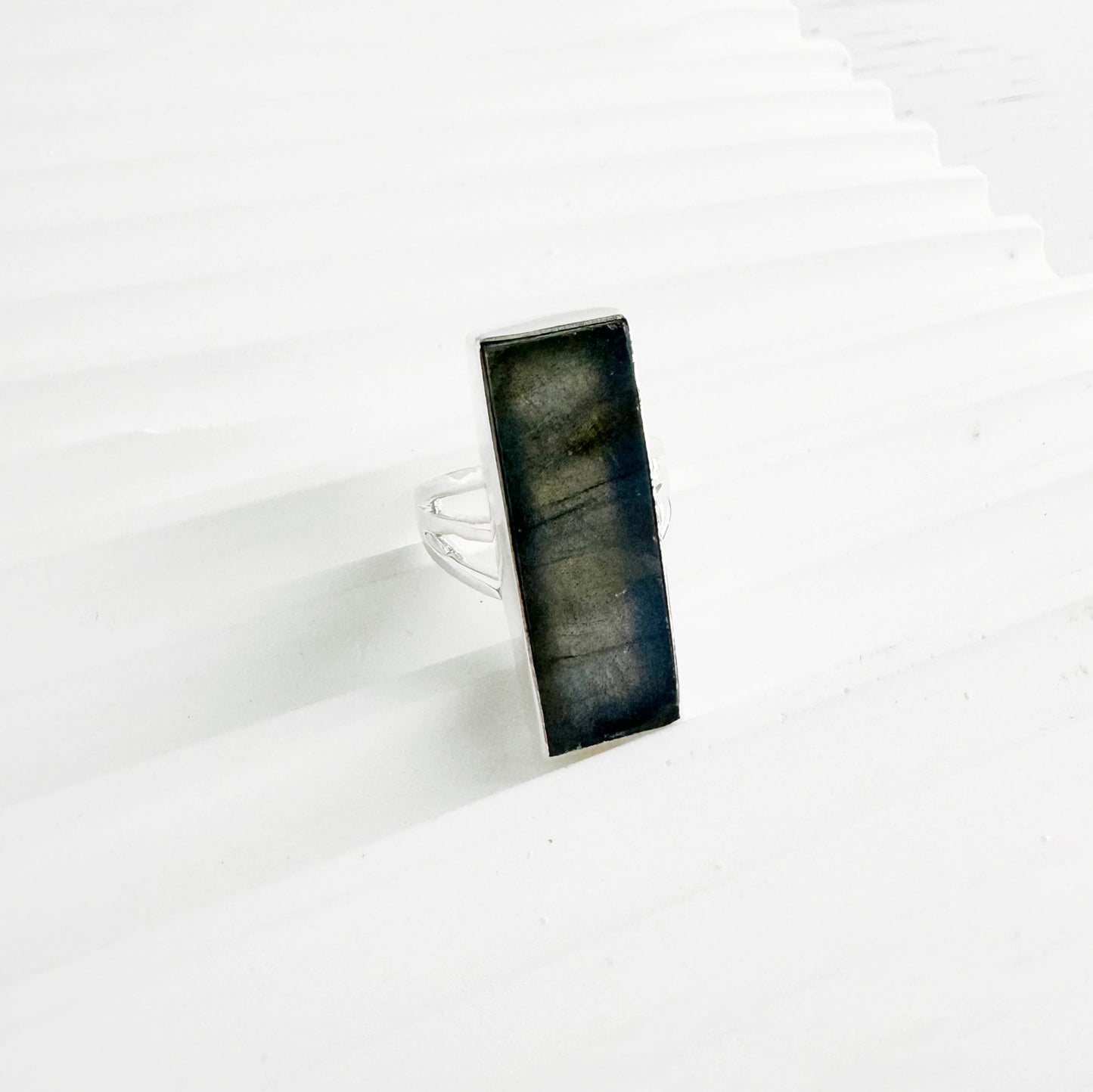 Large Labradorite Rectangle Bar Statement Ring in Gold and Silver