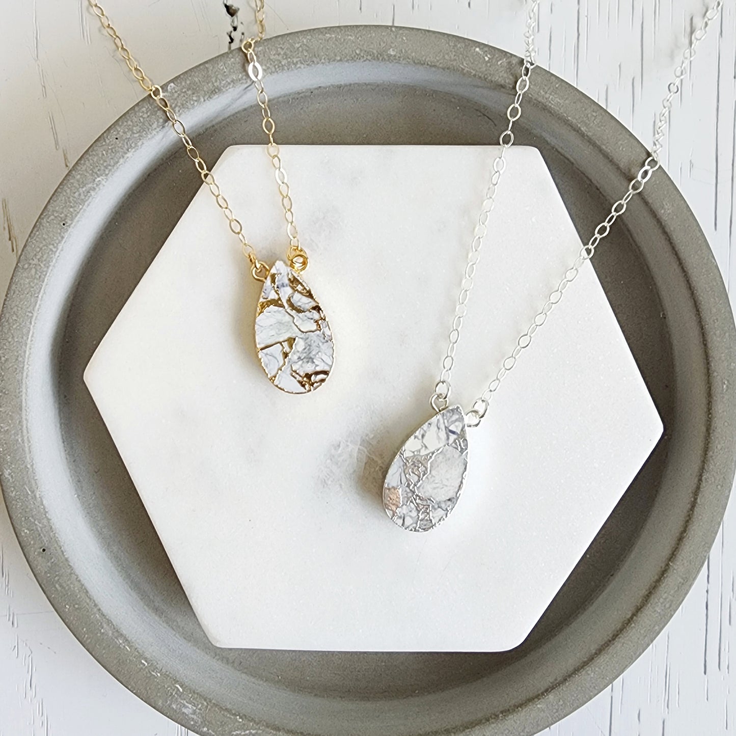 White Mojave Teardrop Necklace in Gold and Silver (Large)