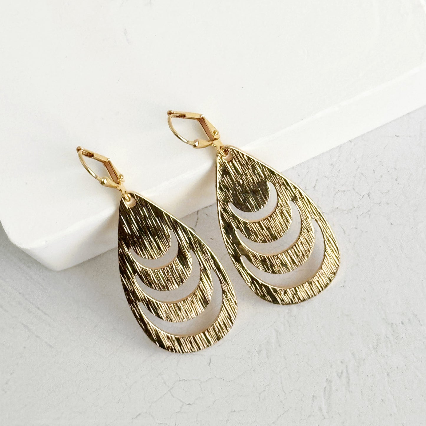 Crescent Cutout Teardrop Earrings in Brushed Gold