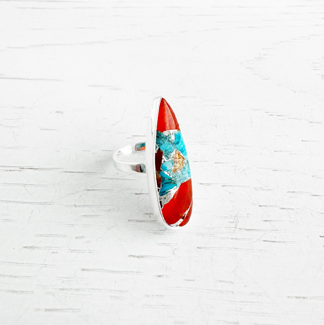 Long Turquoise Teardrop Statement Ring in Gold and Silver