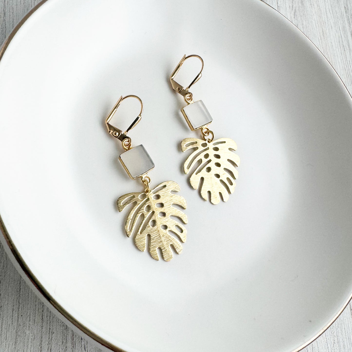 Raw Brass Monstera Leaf and White Onyx Earrings