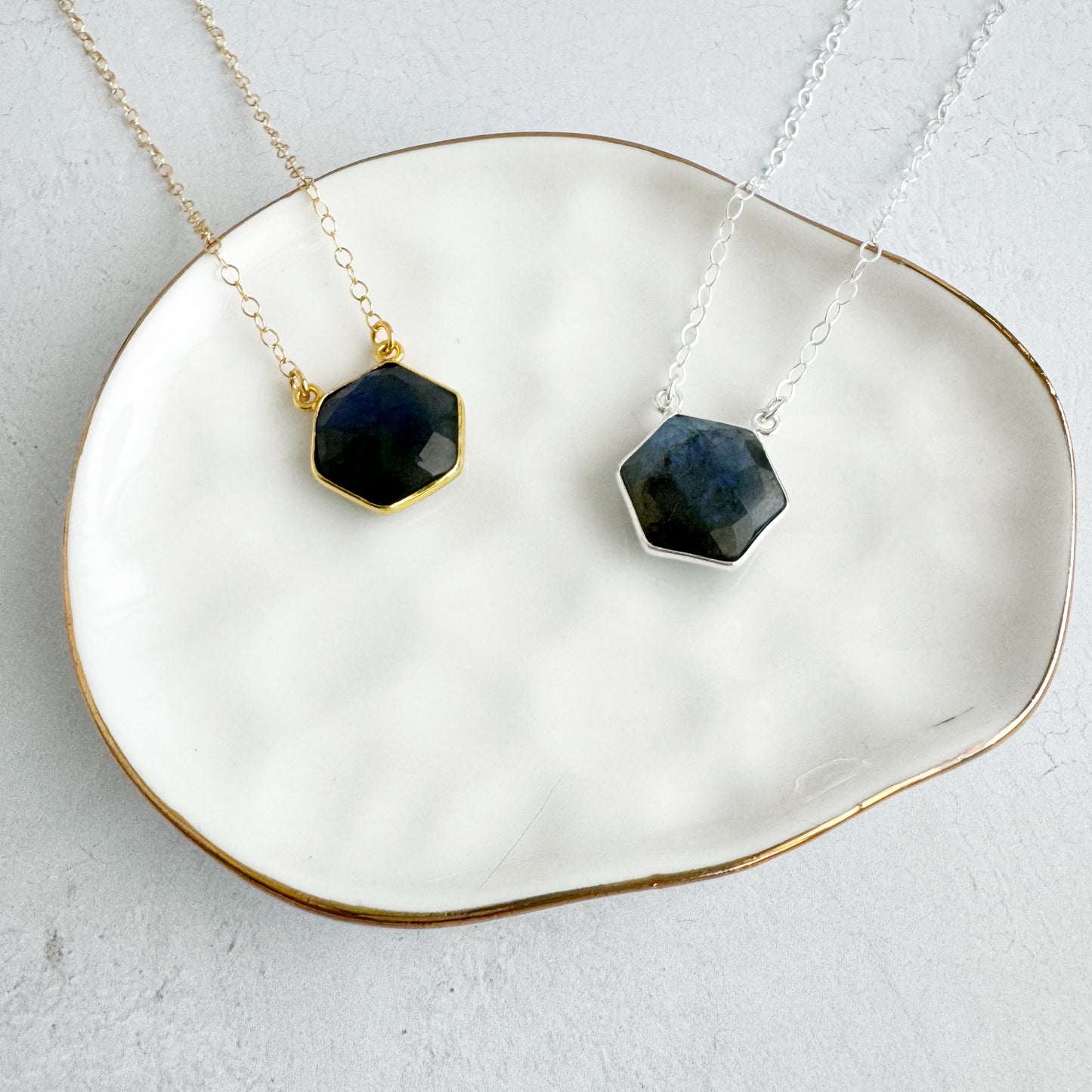 Dainty Hexagon Bezel Necklace - Labradorite
