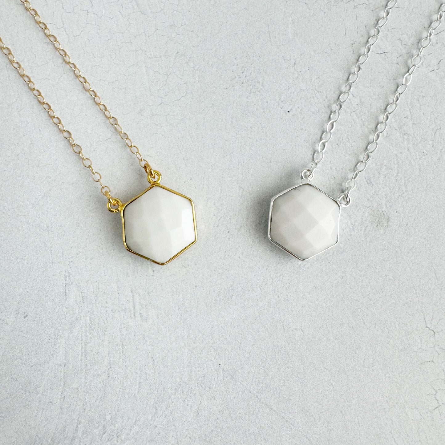 Dainty Hexagon Bezel Necklace - White Agate