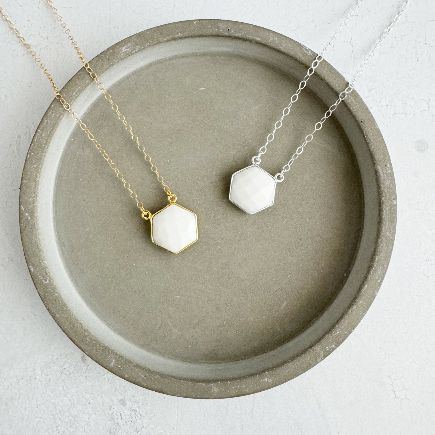 Dainty Hexagon Bezel Necklace - White Agate
