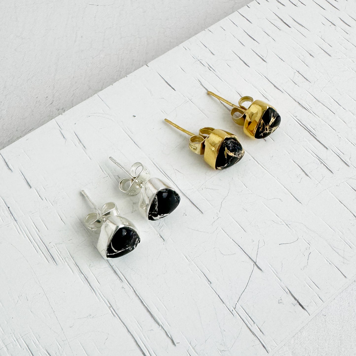 Black Mojave Triangle Stud Earrings in Gold and Silver