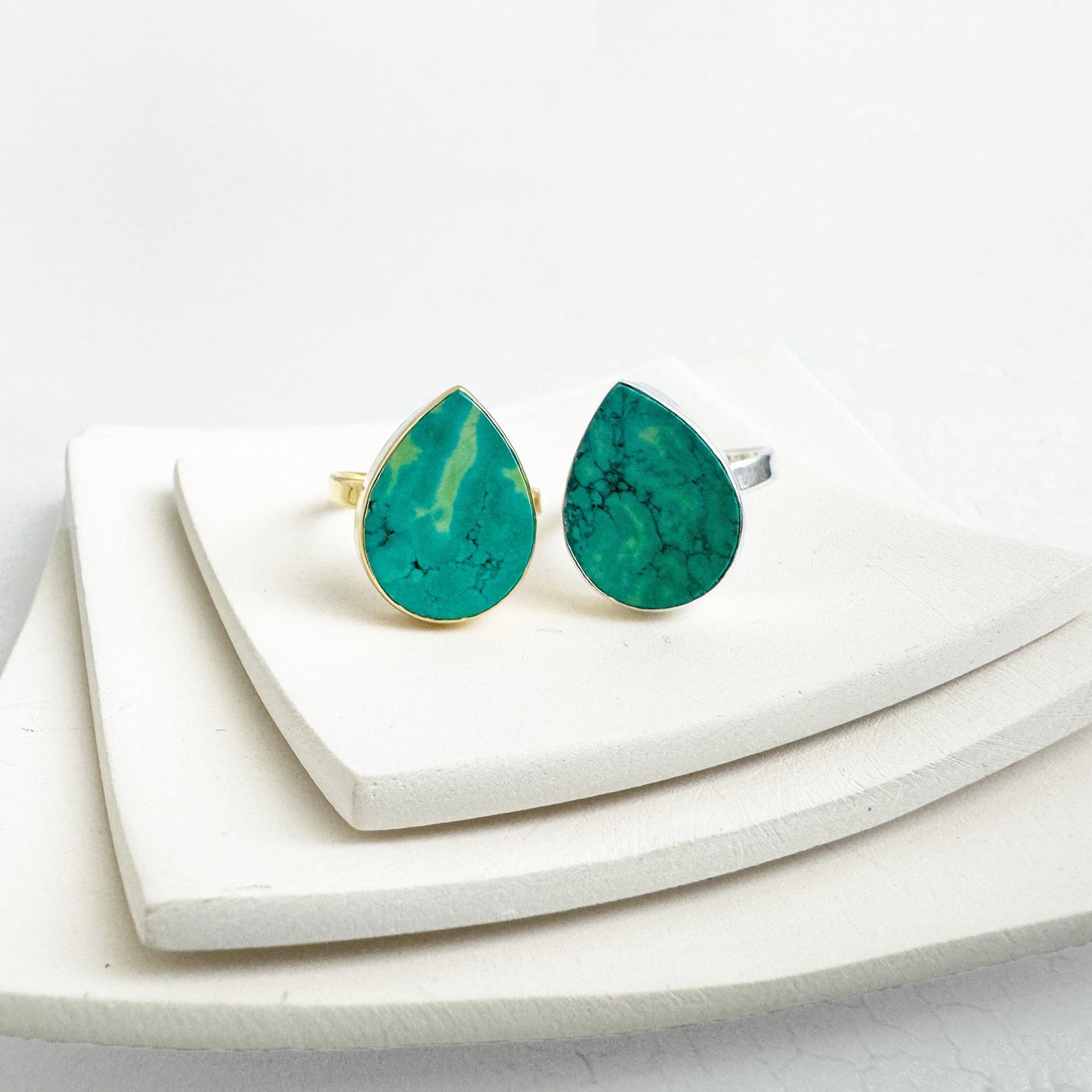 Natural Turquoise Teardrop Ring in Gold and Silver