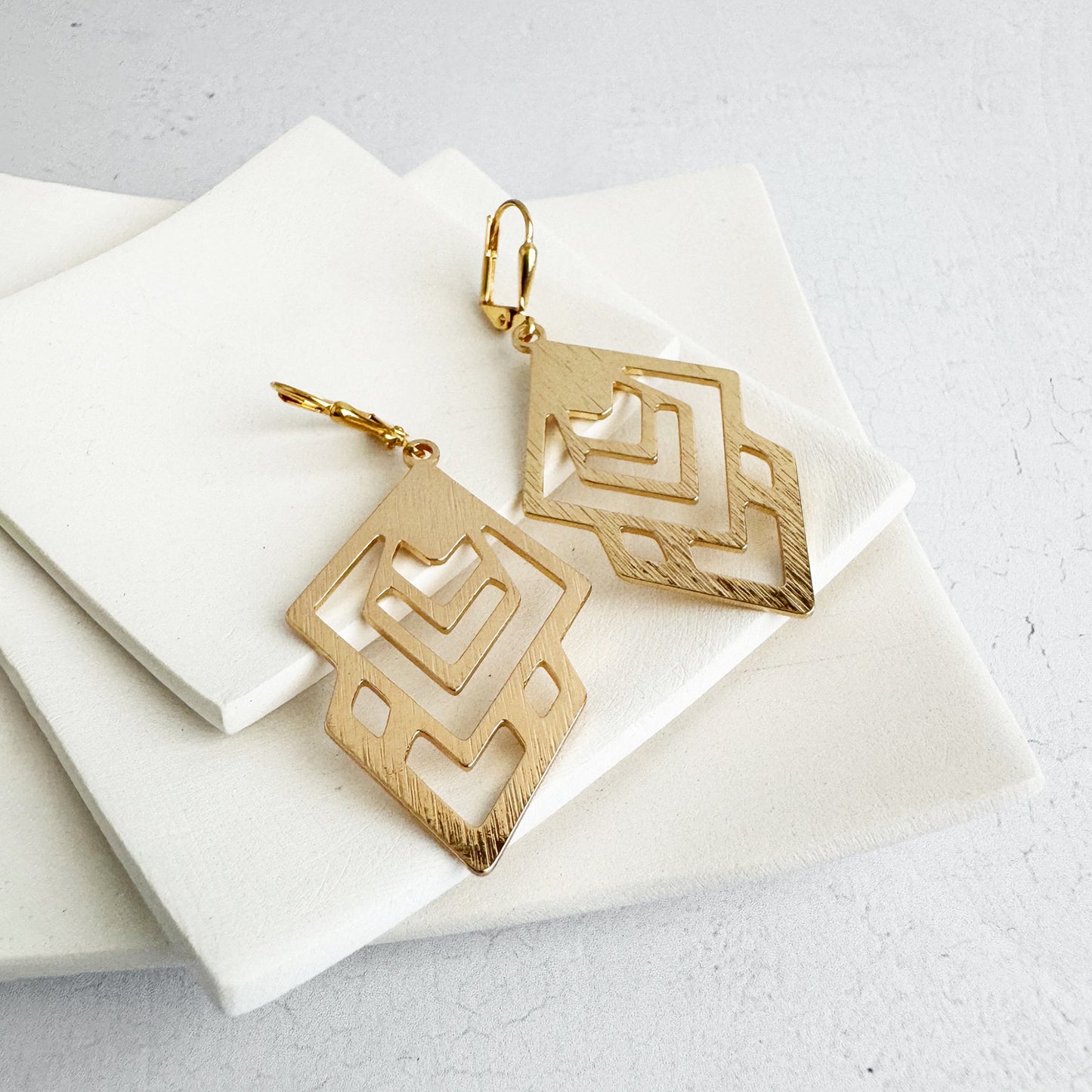 Abstract Geometric Dangle Earrings in Brushed Gold